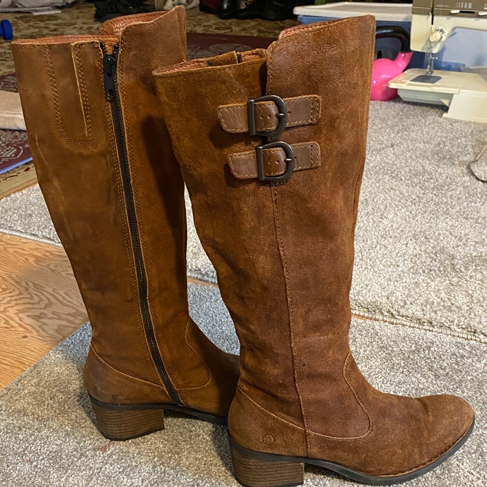 Born  Suede Tan Heeled Boots with Buckle Detail